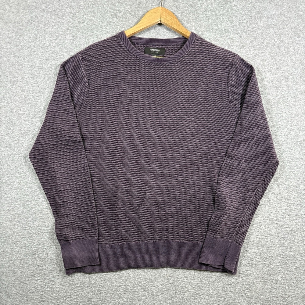 Nordstrom Mens Sweater Medium Purple Textured Grid Knit 100% Cotton Crewneck